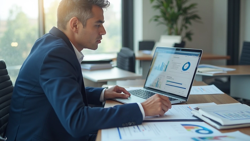 Профессиональный рабочий стол с метриками проекта на экране ноутбука