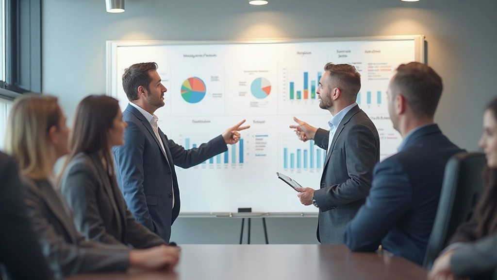 Команда в офисе анализирует данные проекта на доске с графиками и показателями