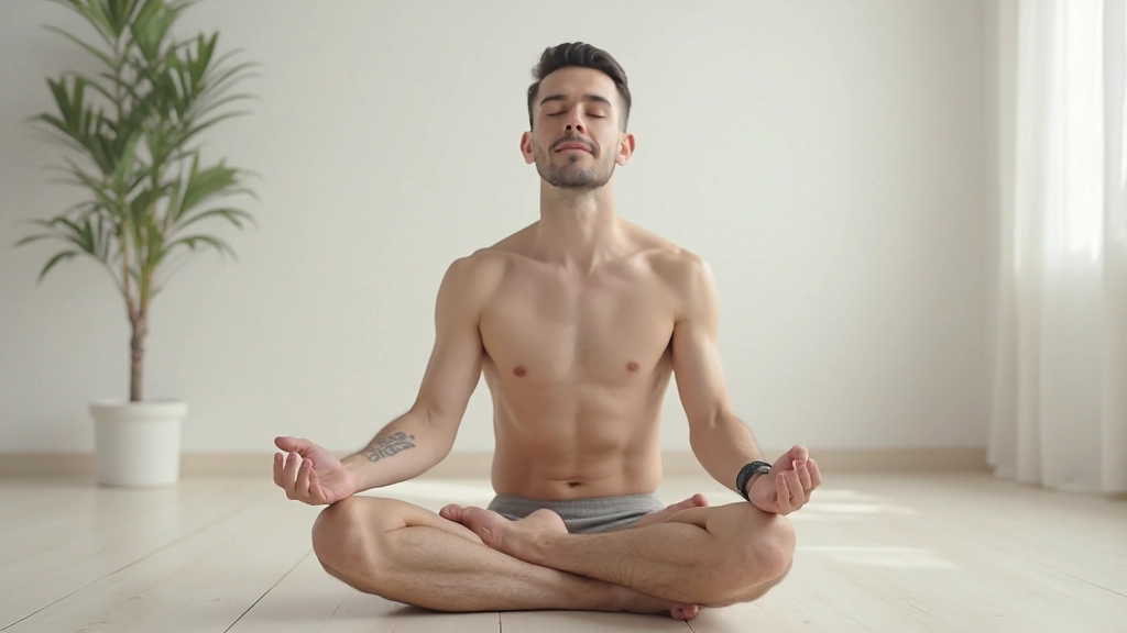 Профессиональное фото мужчины в медитативной позе с закрытыми глазами в светлом помещении