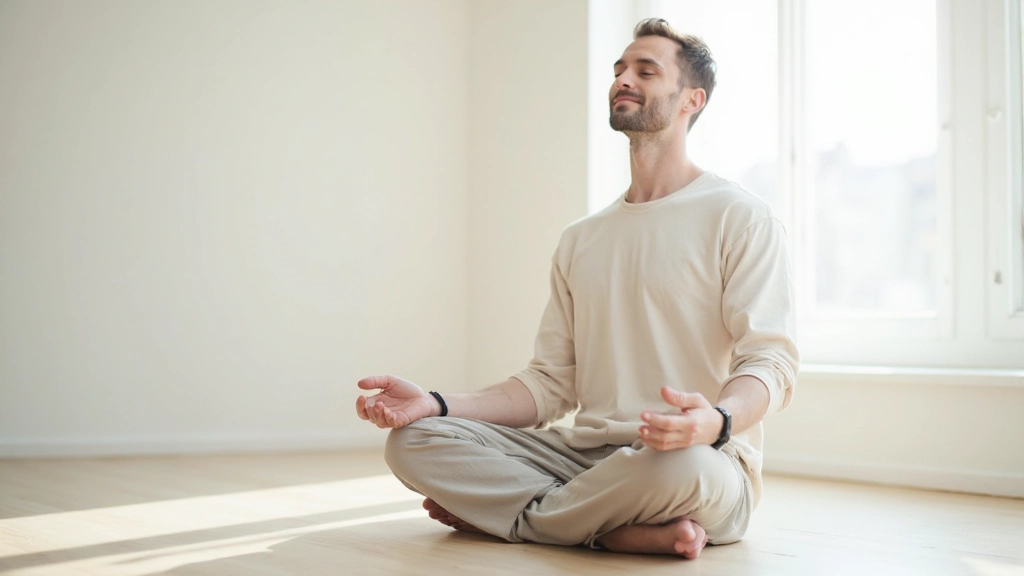 Профессиональное фото мужчины в медитативной позе с закрытыми глазами в светлом помещении