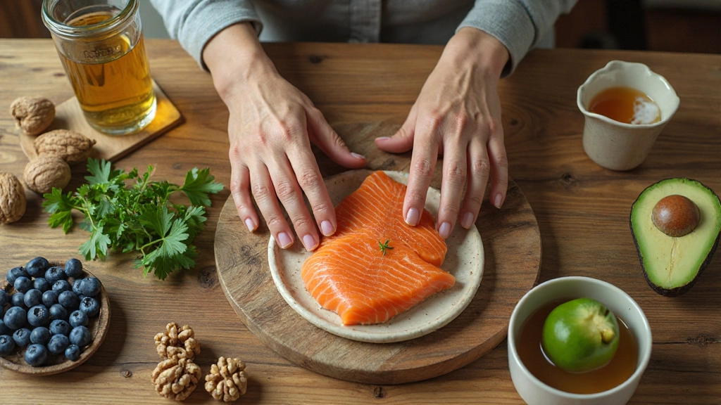 Разнообразные здоровые продукты на столе: черника, орехи, рыба, овощи, зеленый чай