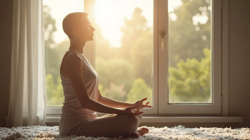 Утренняя медитация: человек сидит у окна с видом на природу, мягкий рассвет, спокойное выражение лица, две руки видны, естественное освещение
